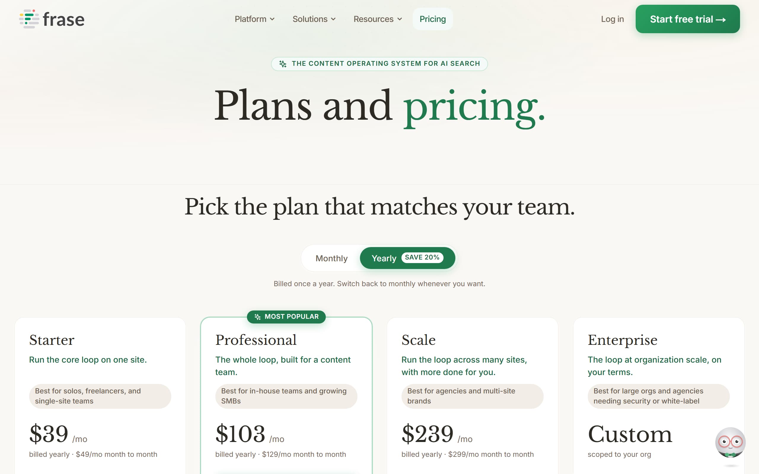 Frase pricing page screenshot showing four plans