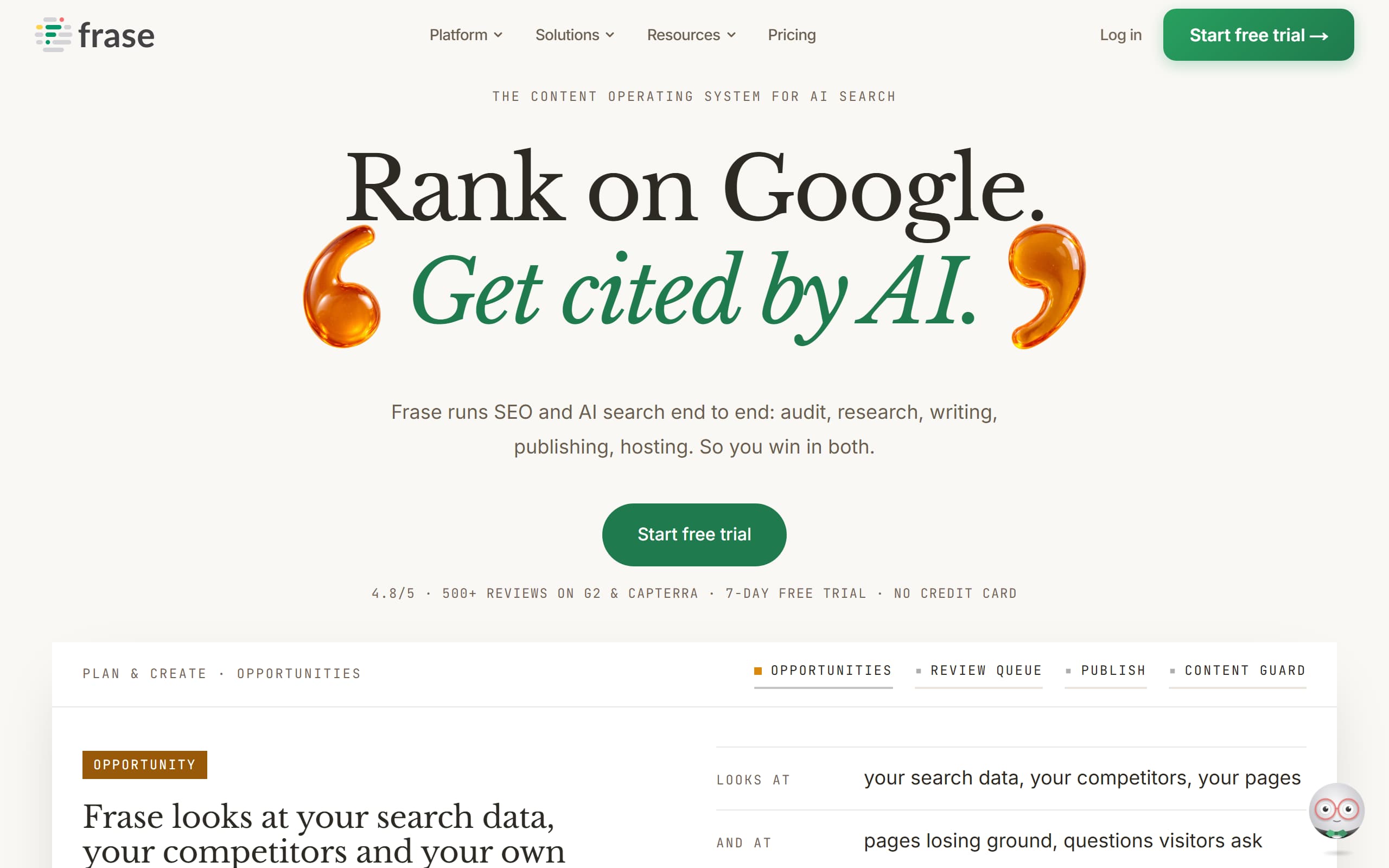 Frase homepage screenshot showing its content operating system positioning