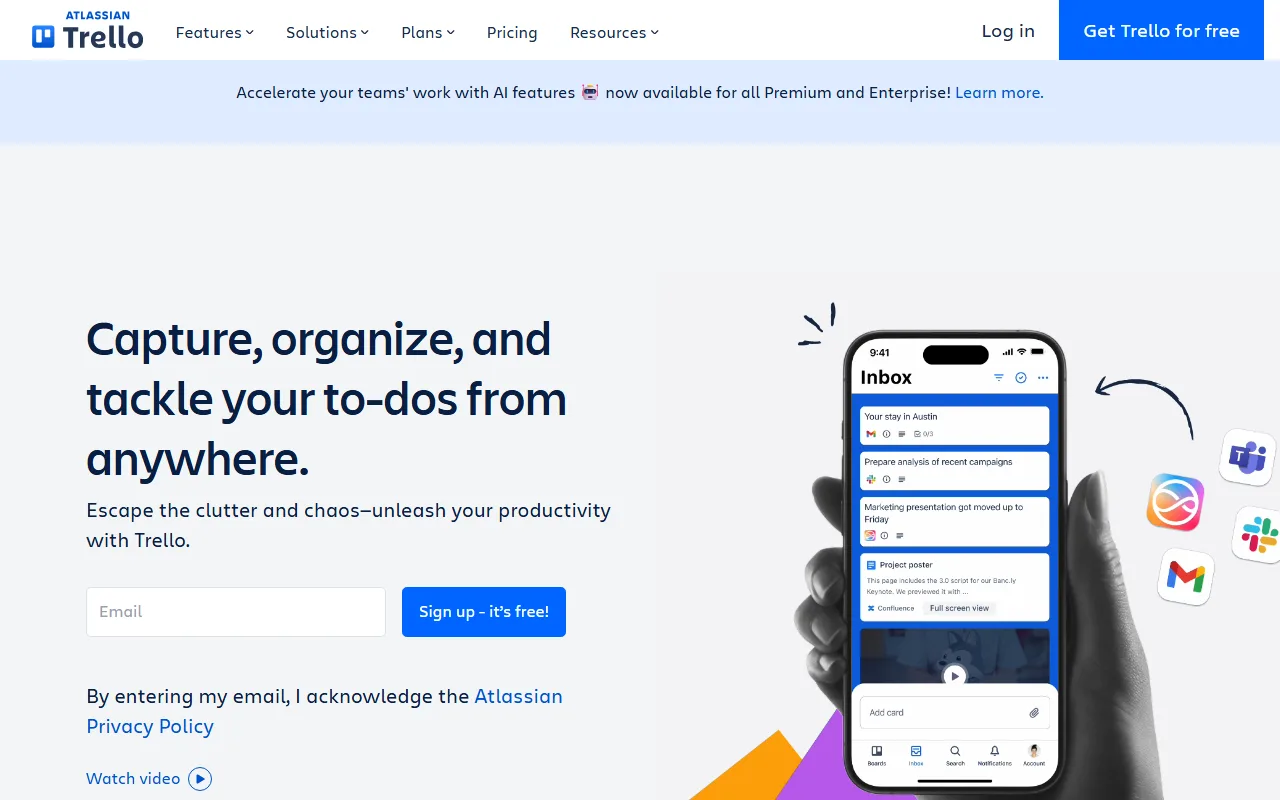 Trello Free homepage screenshot