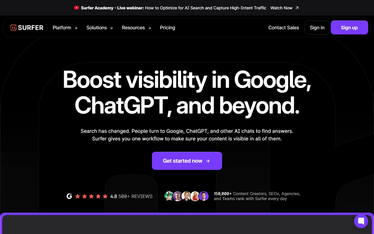 Surfer SEO homepage screenshot