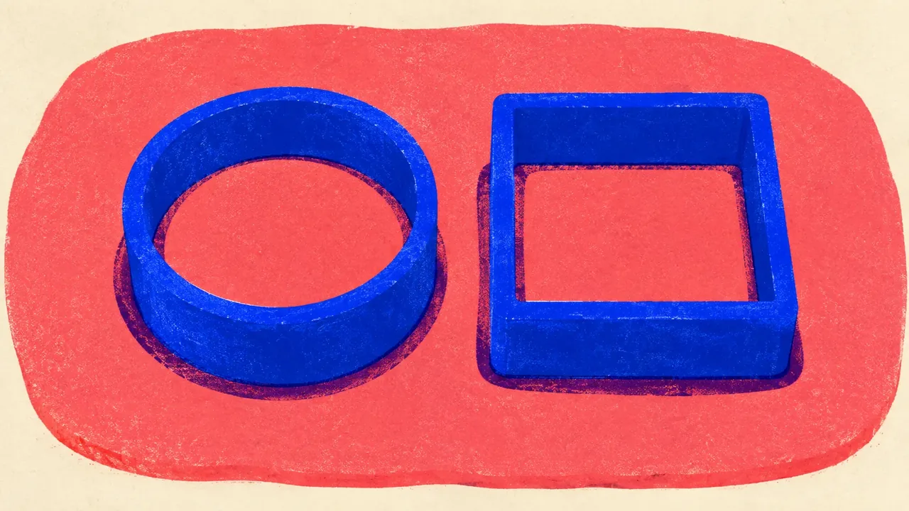 Editorial illustration: two cookie cutters of different shapes pressed into one slab, standing for one brief run through two writing tools