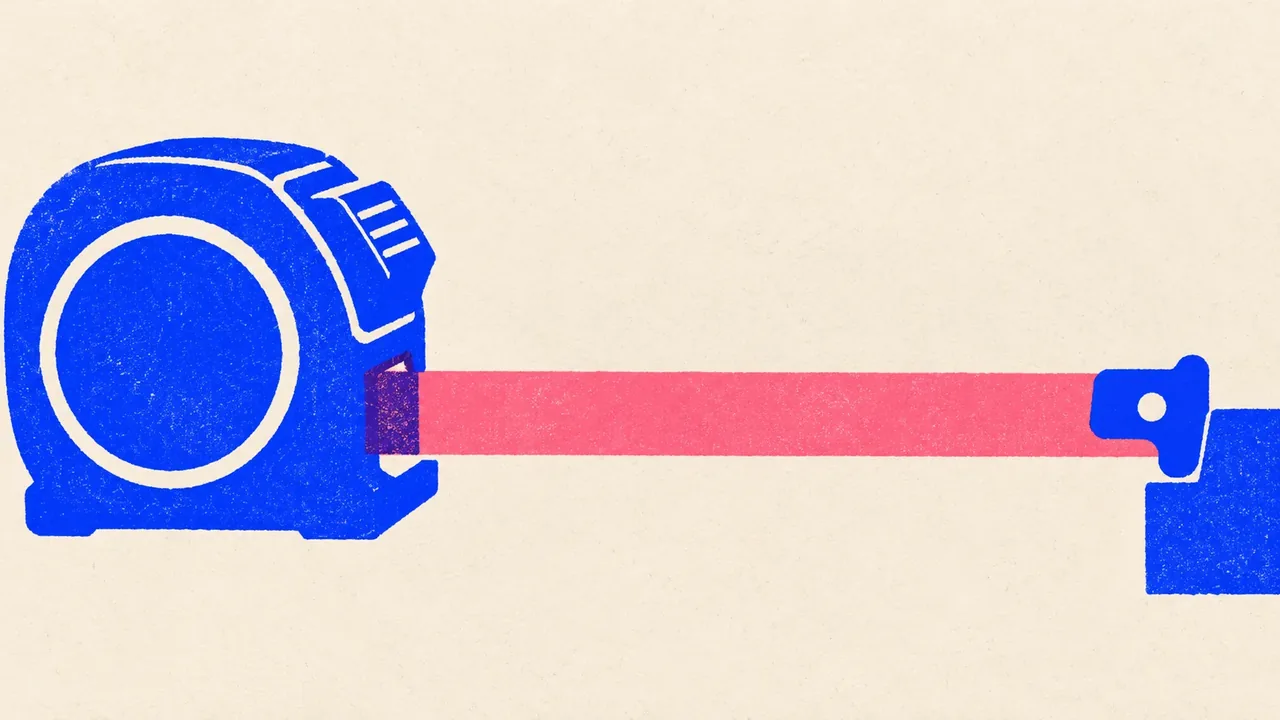 Editorial illustration: a tape measure pulled out flat across the frame, standing for scoring two drafts on the same checks