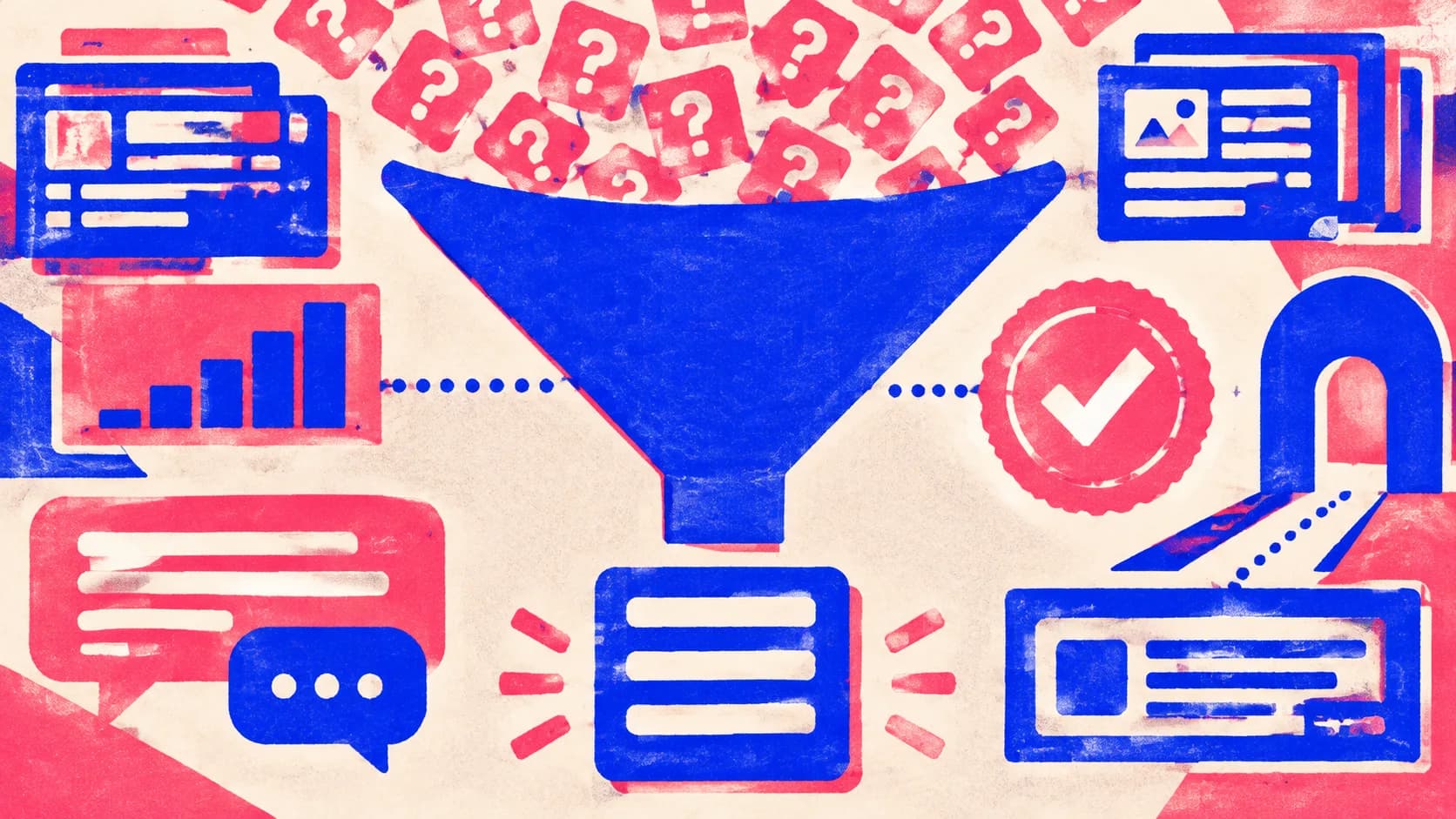 Illustration of scattered search questions funnelling into one structured brief