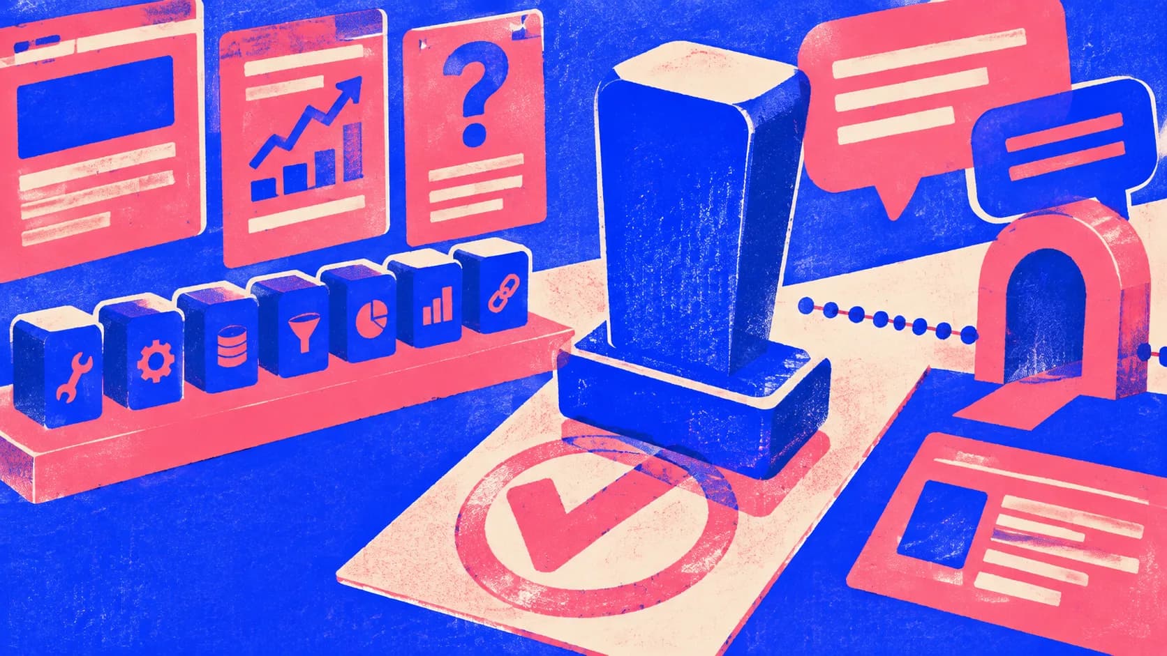 Illustration contrasting a shelf of small tools with one decisive approval stamp