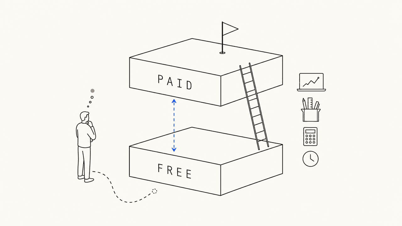 Editorial illustration: a stack of two pricing tiers labelled FREE and PAID with a cobalt arrow showing the gap small business owners try to delay crossing