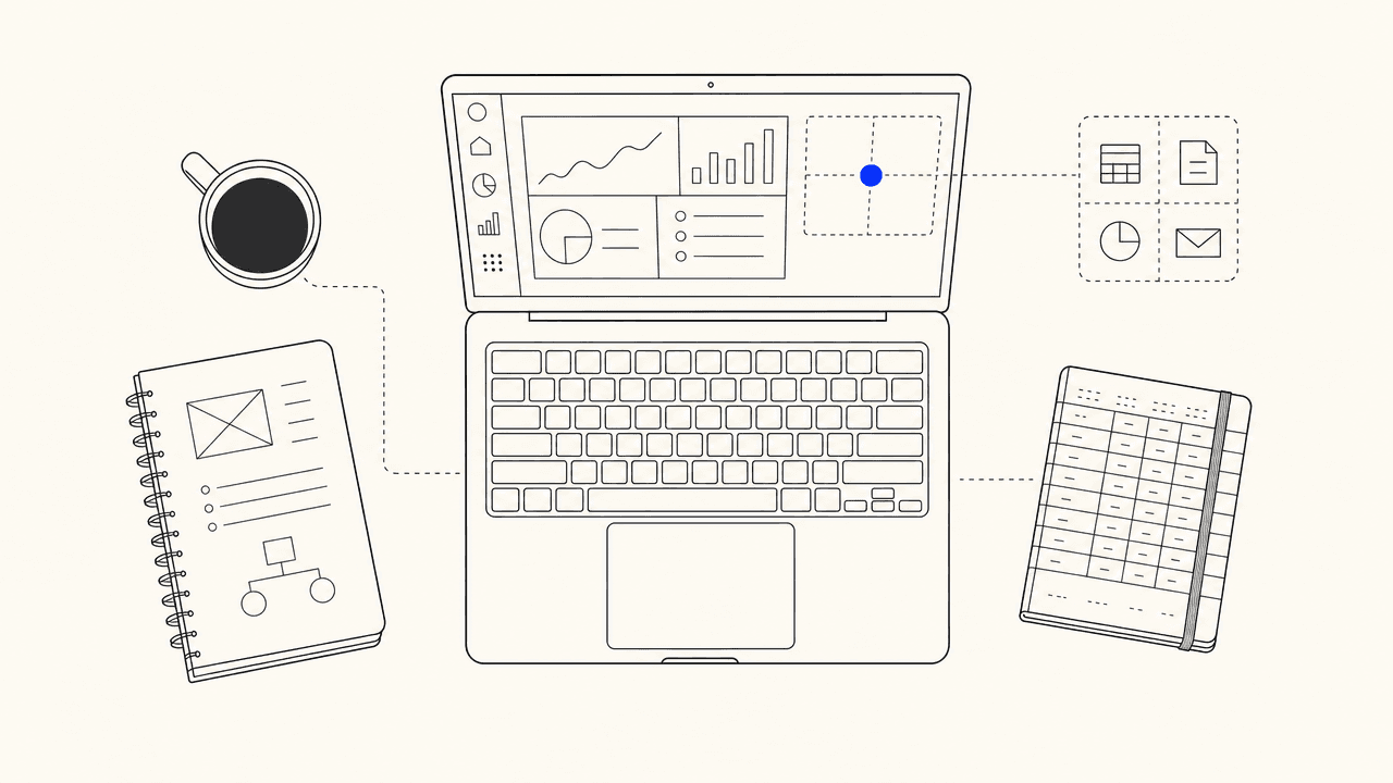 Editorial illustration: a top-down arrangement of laptop, coffee mug, notebook, and ledger with a cobalt dot pinned on the laptop screen