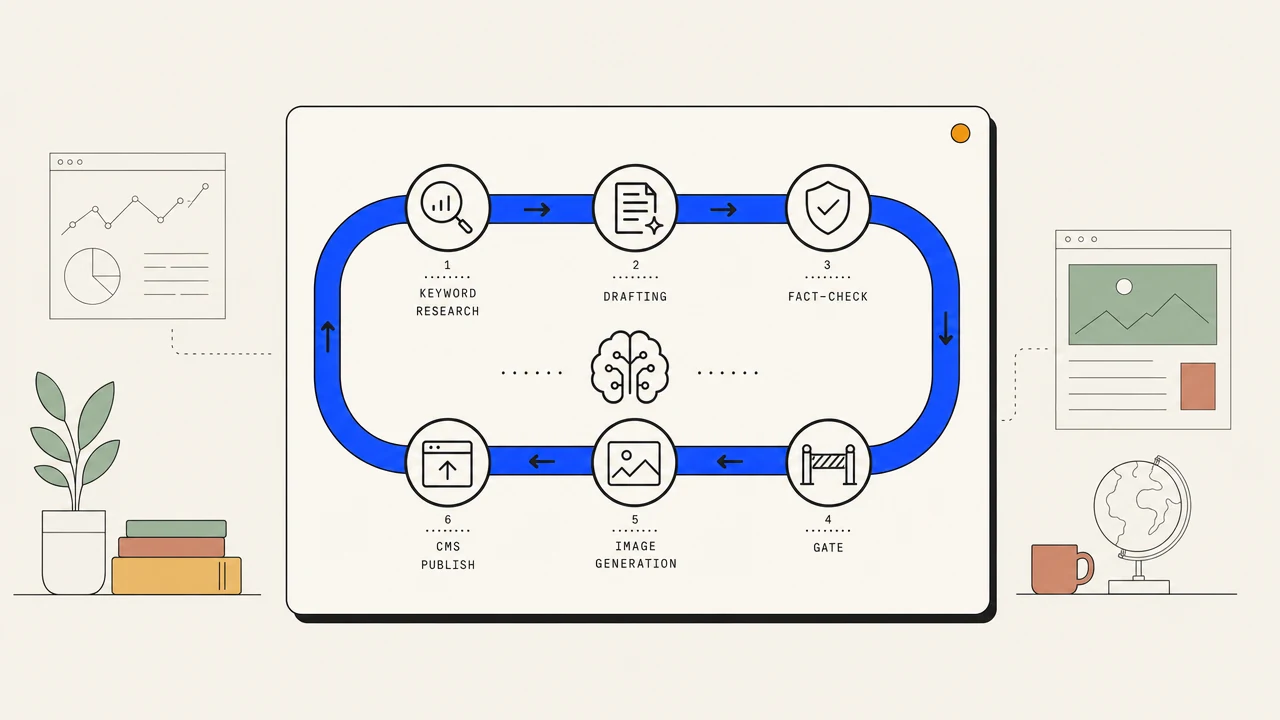 Illustration of a closed-loop pipeline with research, draft, verify, gate, and publish stages flowing into each other.