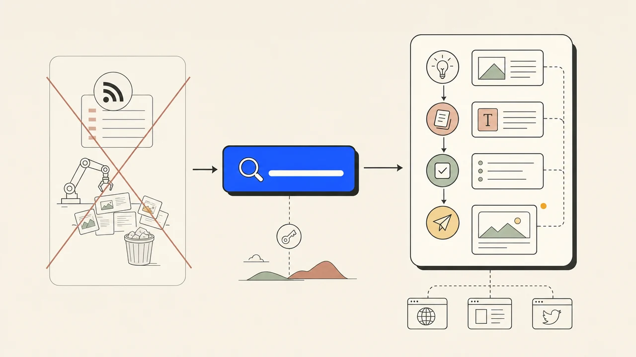 Diagram of a single keyword flowing into research, drafting, and fact-check stages, replacing an RSS scraper input.