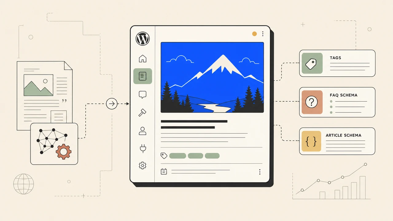 Illustration of a finished article landing in WordPress, Shopify, and Webflow tiles simultaneously.