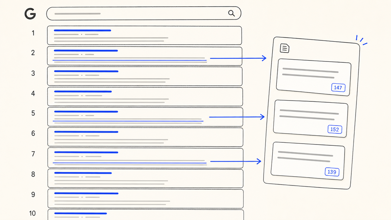 Stylized Google search results page with three meta descriptions highlighted in cobalt and extracted into a side panel.