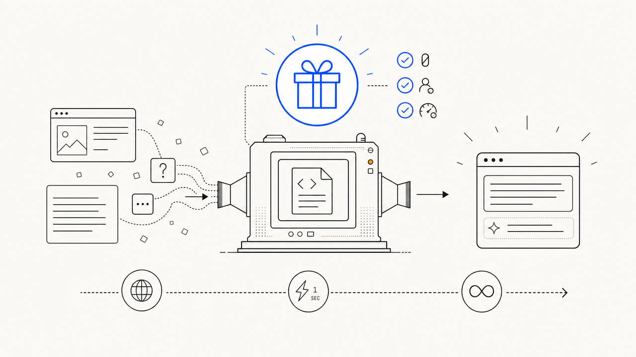 Illustration of a struck-through signup modal next to an open generator interface.