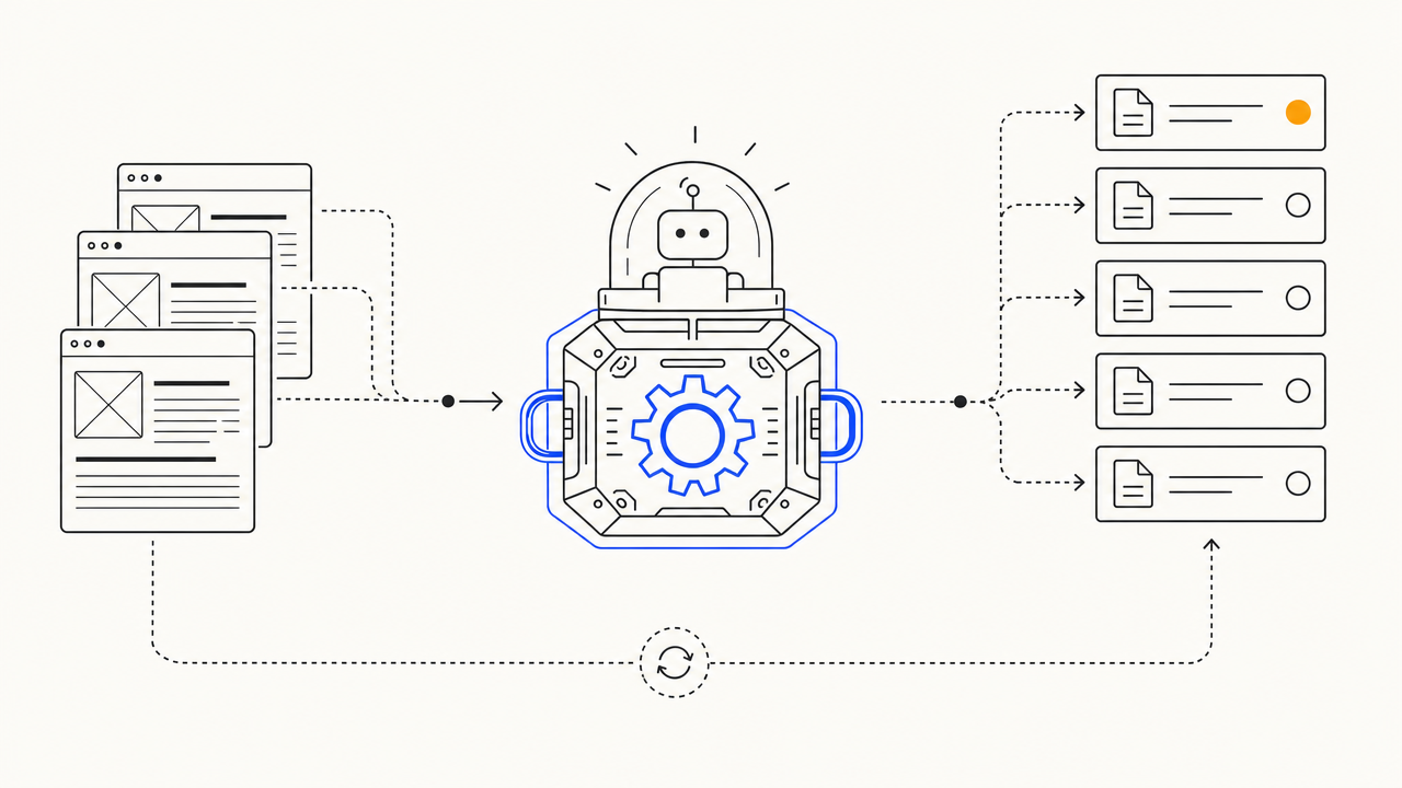 Illustration of one shared engine producing meta descriptions for many published articles simultaneously.