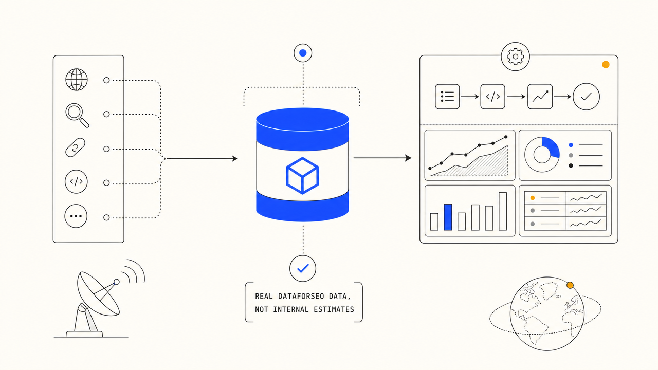 Diagram of a live keyword data API returning monthly volume, difficulty, and cost-per-click into an article brief.