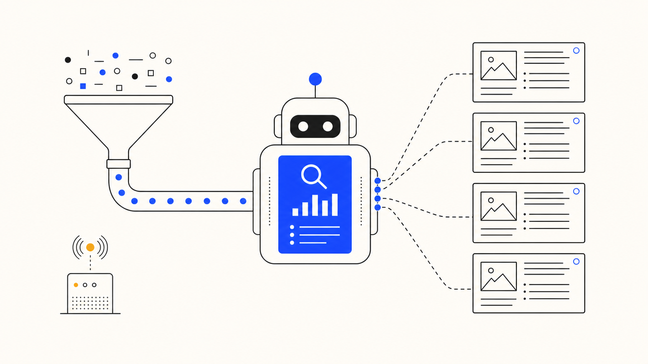 Diagram of a live keyword data feed returning monthly volume, difficulty, and cost-per-click into an SEO bot brief.
