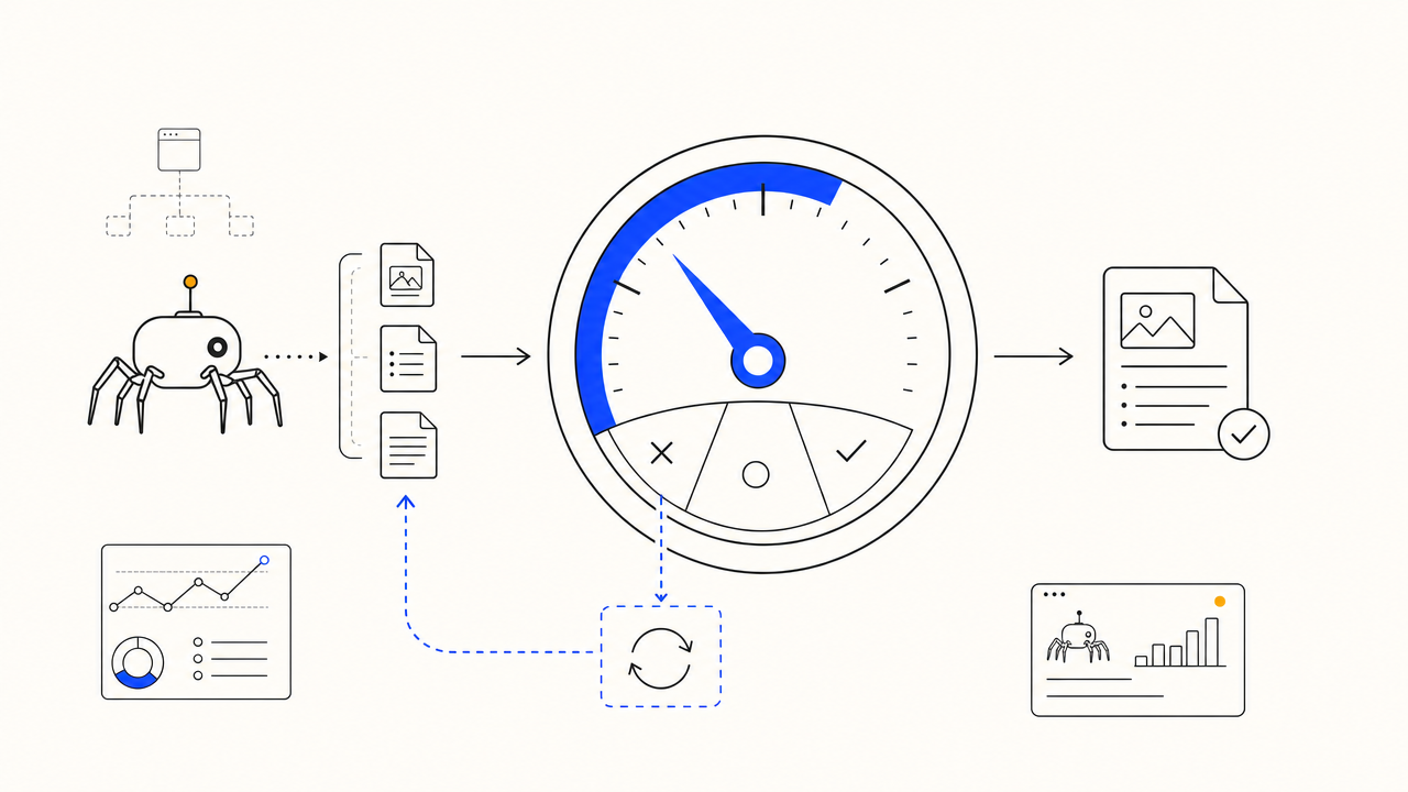 Illustration of a quality-gate dial rejecting a low-grade draft back into the SEO bot regeneration queue.