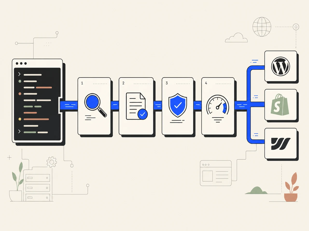 Diagram of TheSEOAgent's Shopify pipeline: keyword input flows through research, drafting, fact-check, and quality-gate stages, then publishes natively into the Shopify Online Store blog.